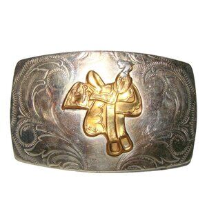 Justin Nickel Silver Gold Saddle Belt Buckle Western Ranch Roping Bullriding Vtg